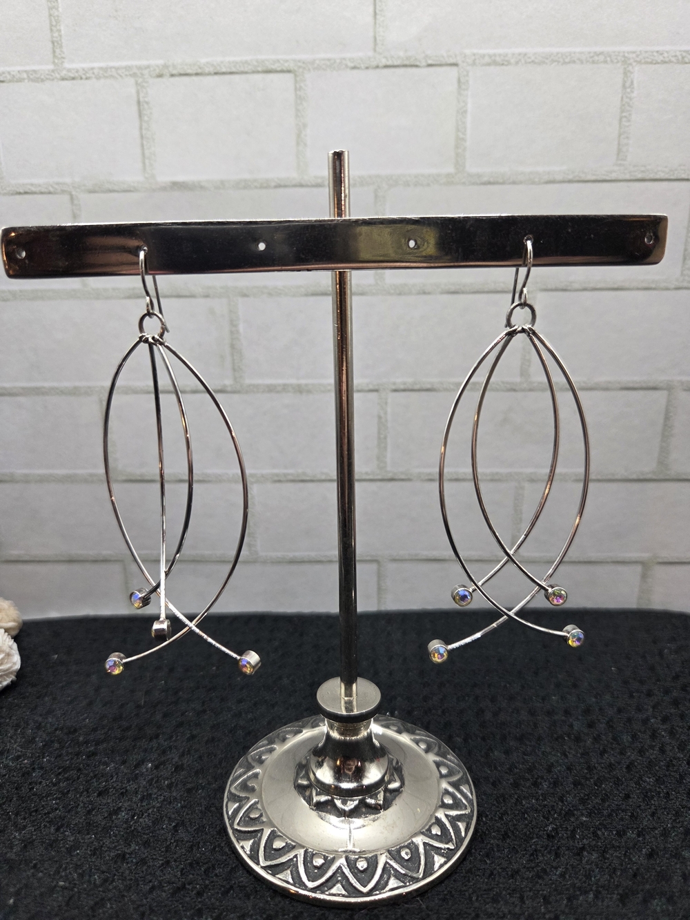 1437.  Silver Tone Dangle Earrings with Sparkling Accent Stones